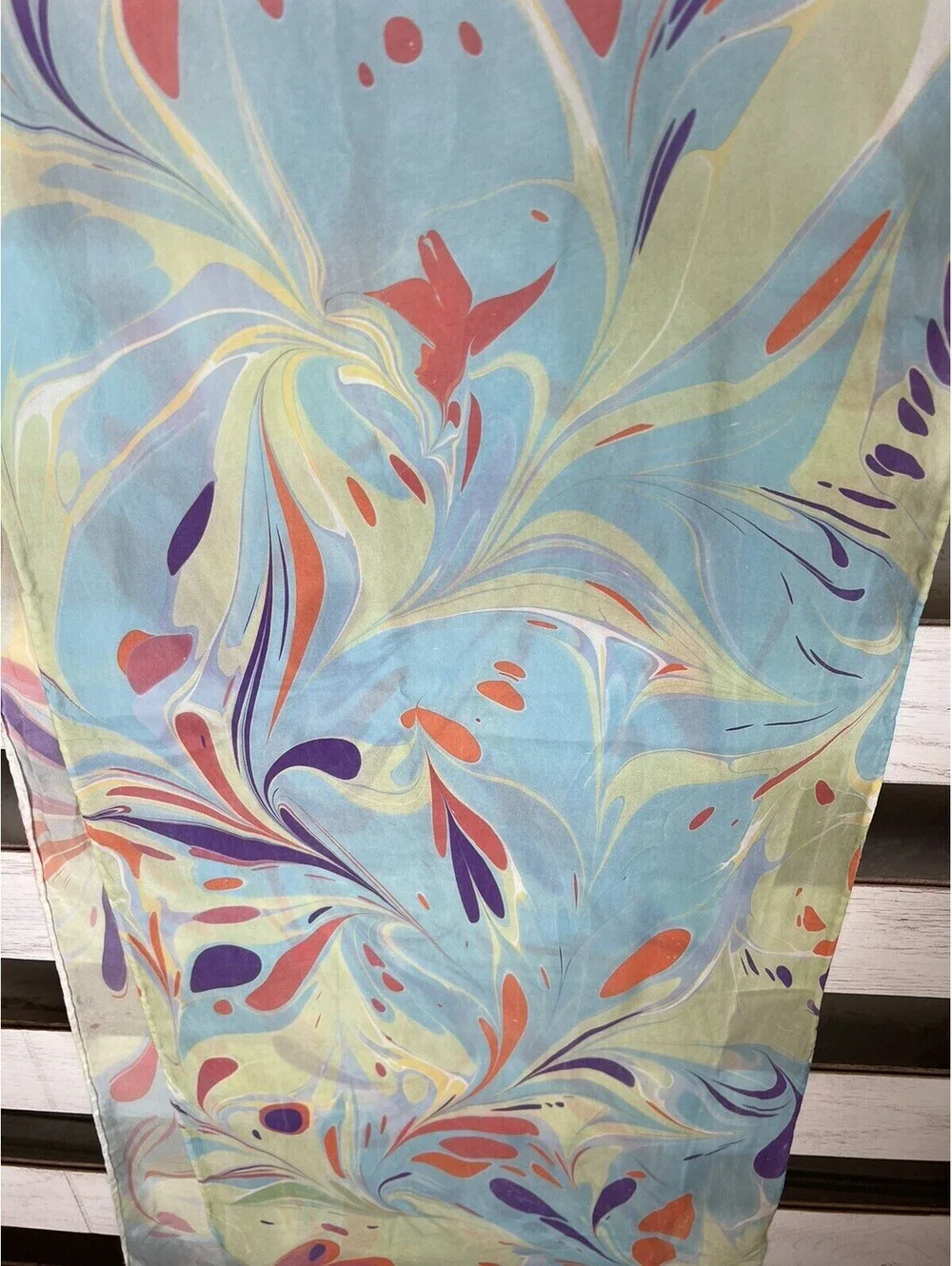 Women's Silk Rectangle Pastel Blue Orange Scarf Size 68”x14”